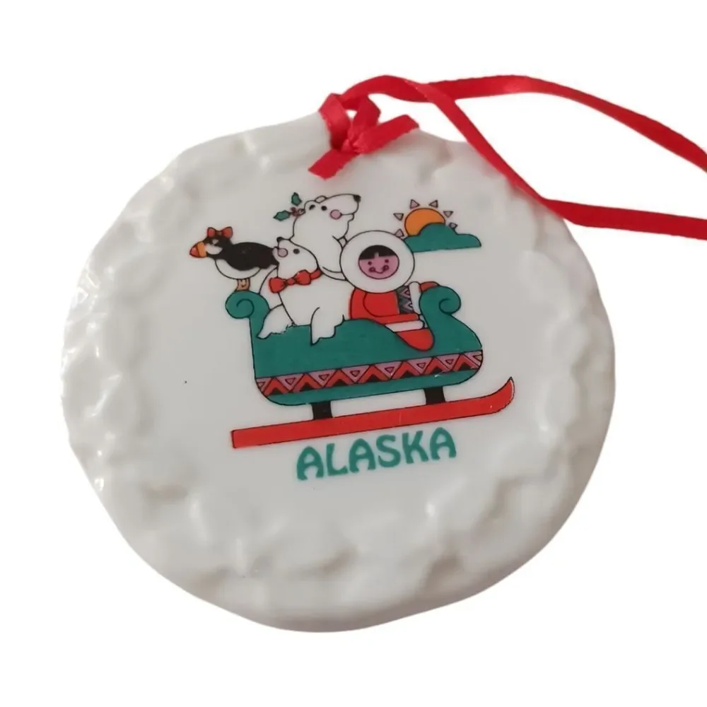Alaska Porcelain Ornament Christmas Polar Bear Souvenir Vtg Holiday‎ Tree Decor